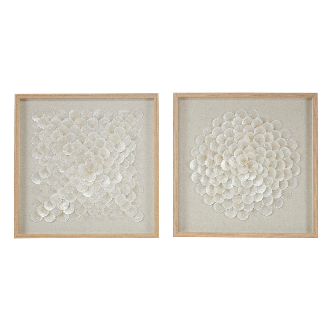 23.5" Square Natural and White Shell Shadow Boxes Coastal Wall Art Set of 2 24 X