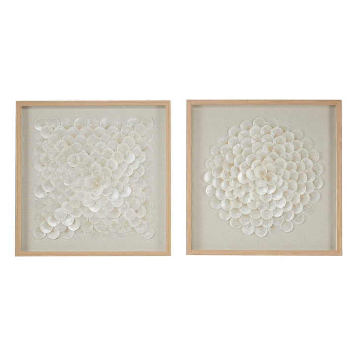 23.5" Square Natural and White Shell Shadow Boxes Coastal Wall Art Set of 2 24 X