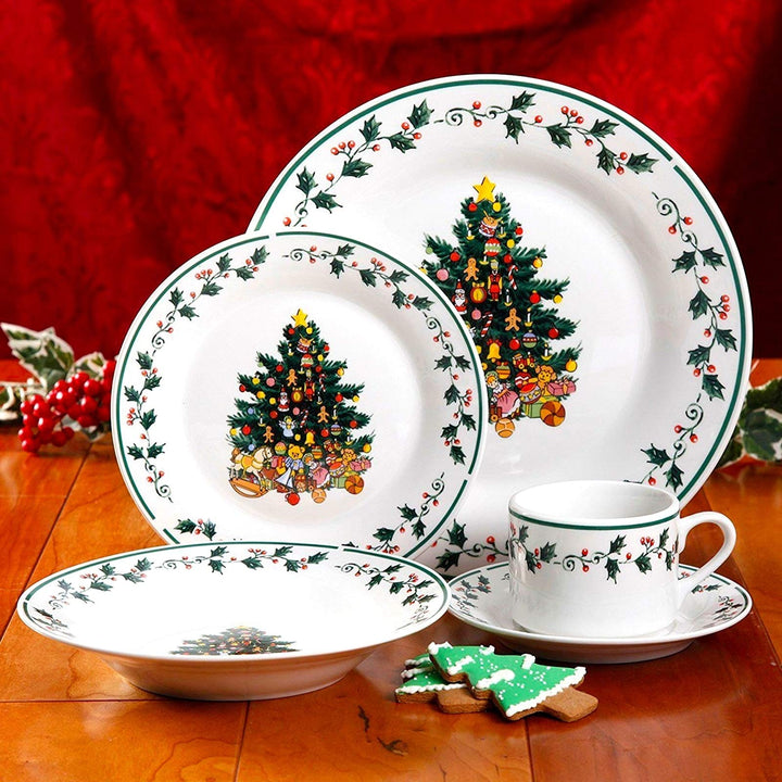 Cozy Christmas Tree Fine Ceramic 20 Piece Decorated Dinnerware Set White Holiday - Diamond Home USA