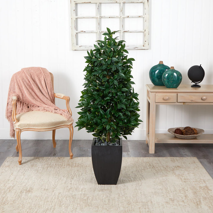 Nearly Natural 56in. Bay Leaf Cone Topiary Artificial Tree UV Resistant in Black - Diamond Home USA