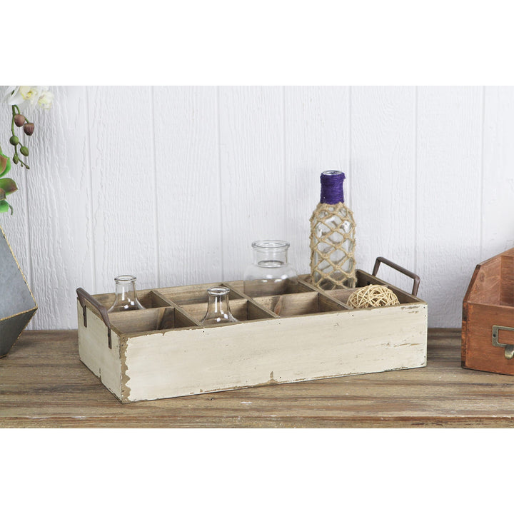 White Wooden 8 Slot Crate With Side Metal Handles Farmhouse Wood Handmade - Diamond Home USA