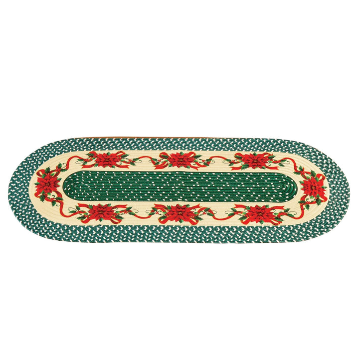 Holiday Poinsettias On Green Braided Runner Rug X