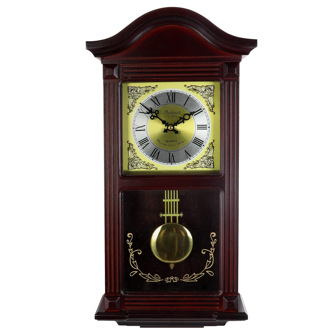Decorative Wall Clock with Pendulum in Cherry Brown Rectangular Wood Finish - Diamond Home USA