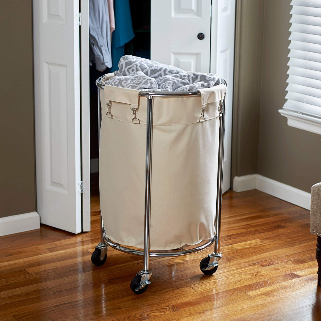Round Commerical Laundry Hamper On Wheels Chrome Silver Metal - Diamond Home USA