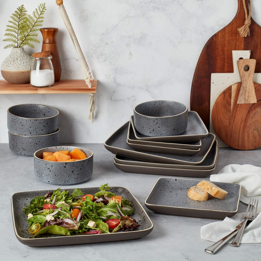 Tabletops Gallery 12pc Grey Square Dinnerware Set Solid Casual Stoneware 12 - Diamond Home USA