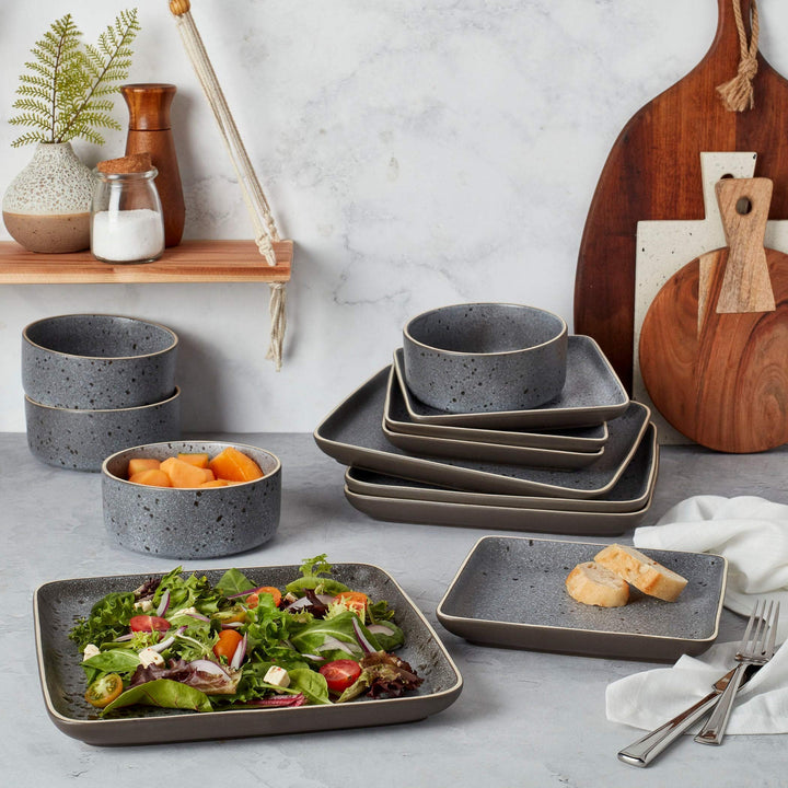 Tabletops Gallery 12pc Grey Square Dinnerware Set Solid Casual Stoneware 12 - Diamond Home USA