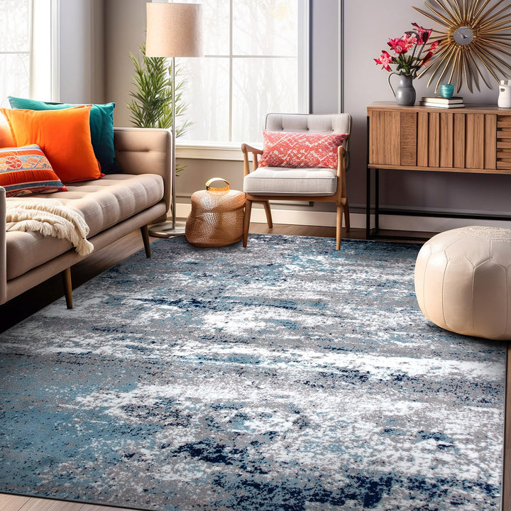 Rugshop Distressed Abstract Watercolor Area Rug 7'10" x 10' Blue 7' 10" x 10' - Blue