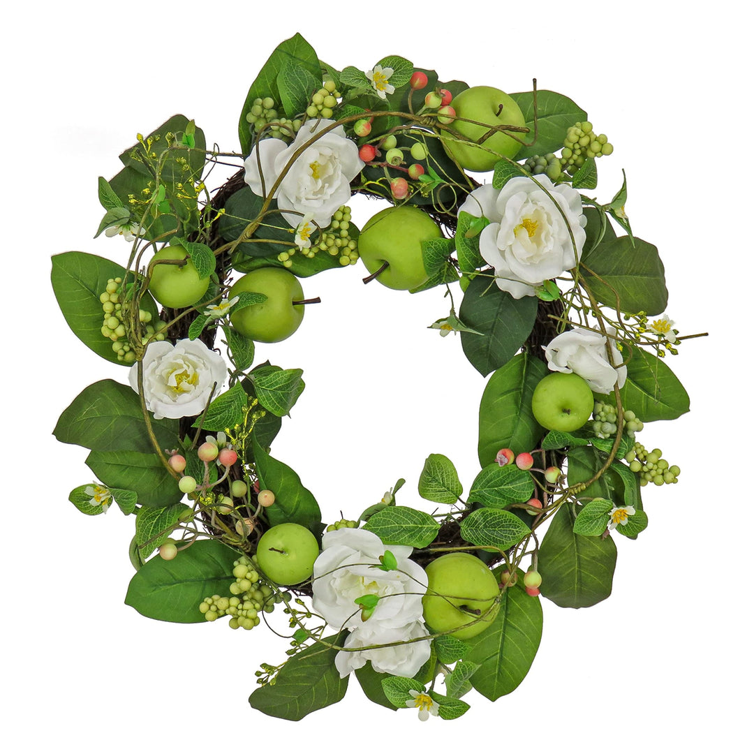 24" Rose and Apples Wreath Green Traditional Polyester Unlit