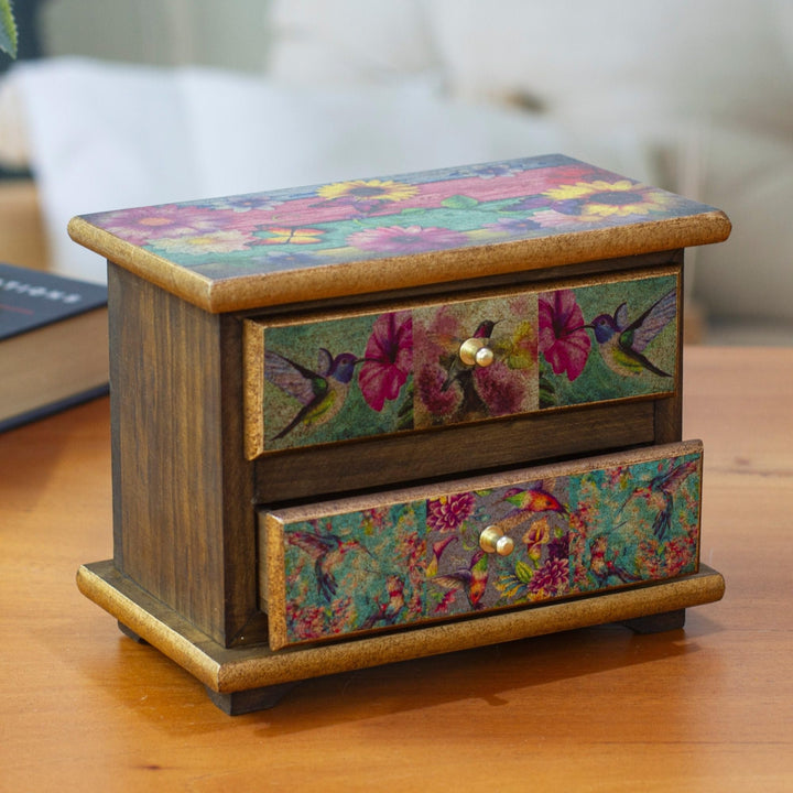 Handmade Floral Hummingbirds Jewelry Box Brown Wood Antique - Diamond Home USA