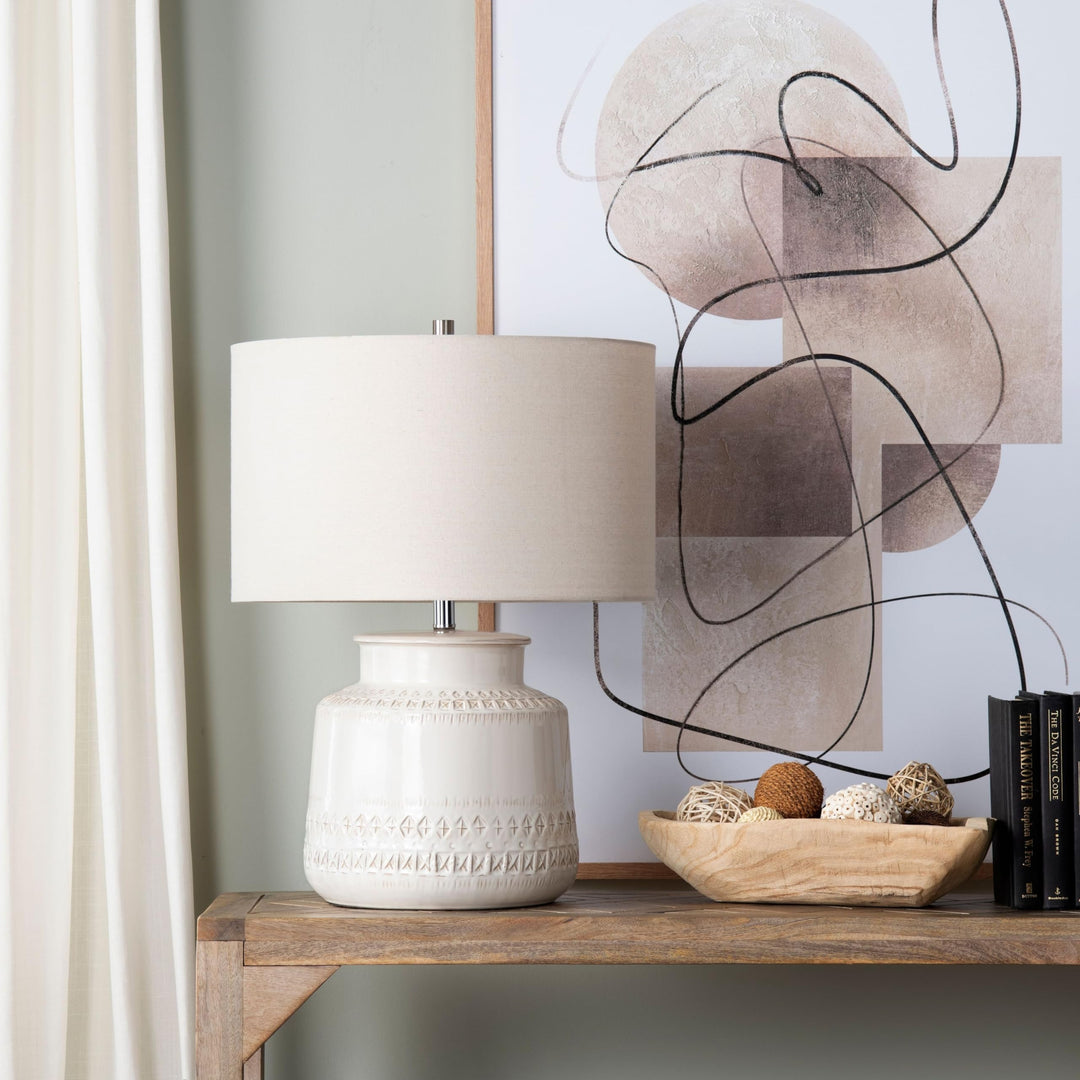 3-Way Ceramic Table Lamp with Oat Linen Shade White Modern Contemporary