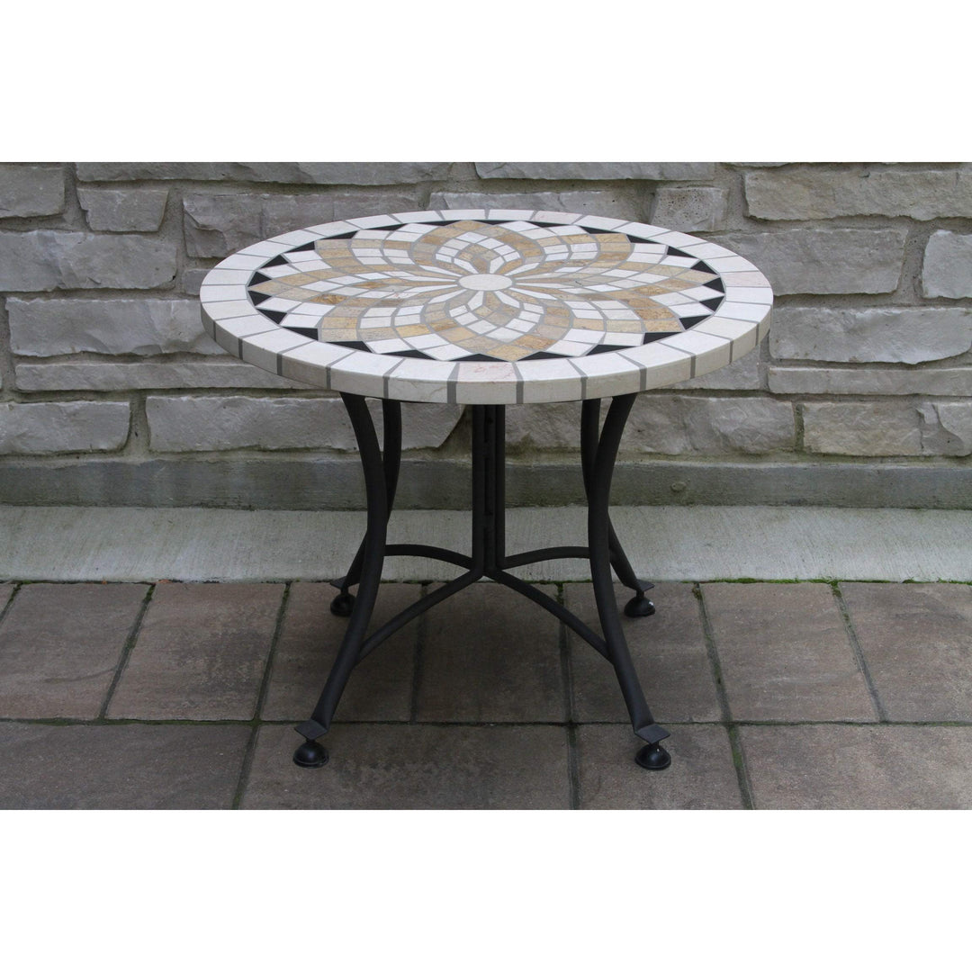 24" Spanish Marble Mosaic Accent Table Cream Modern Contemporary Round Metal