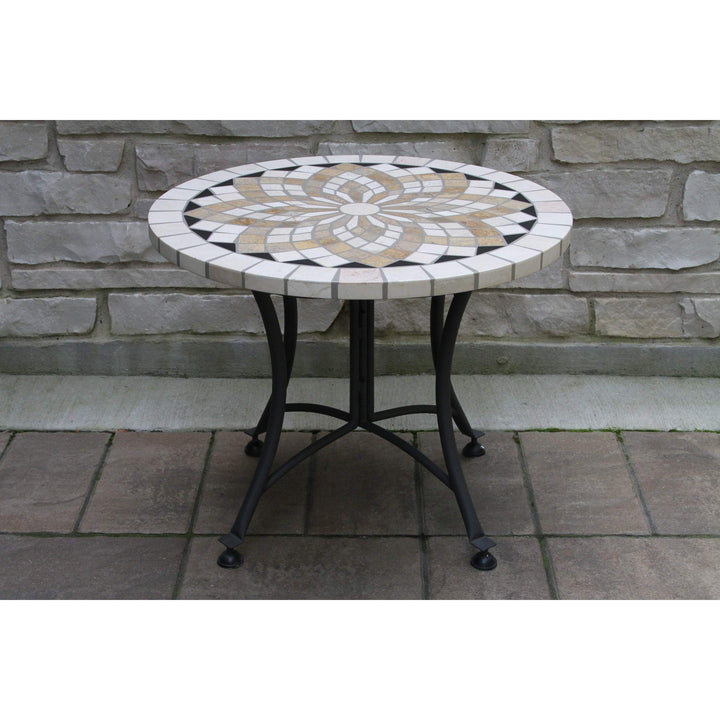 24" Spanish Marble Mosaic Accent Table Cream Modern Contemporary Round Metal