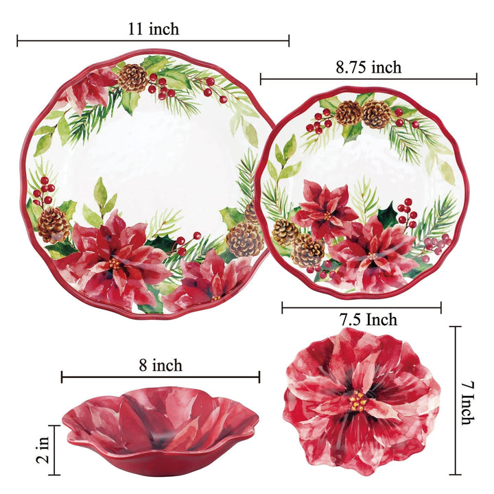 16-piece Poinsettias Dinnerware Set Red Holiday Casual Round 16 Piece Dishwasher - Diamond Home USA