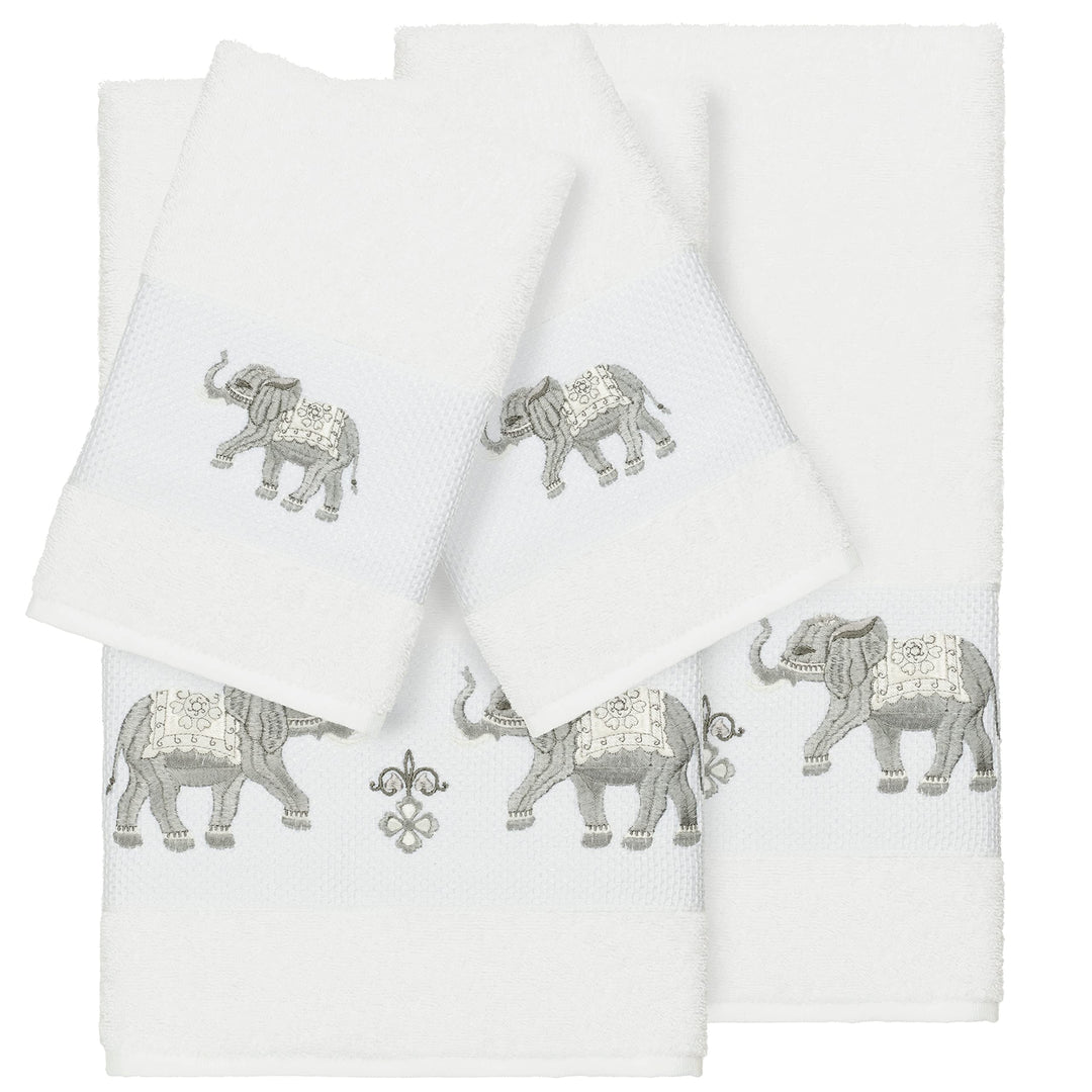 Authentic Hotel and Spa Turkish Cotton Elephants Embroidered White 4-Piece Towel