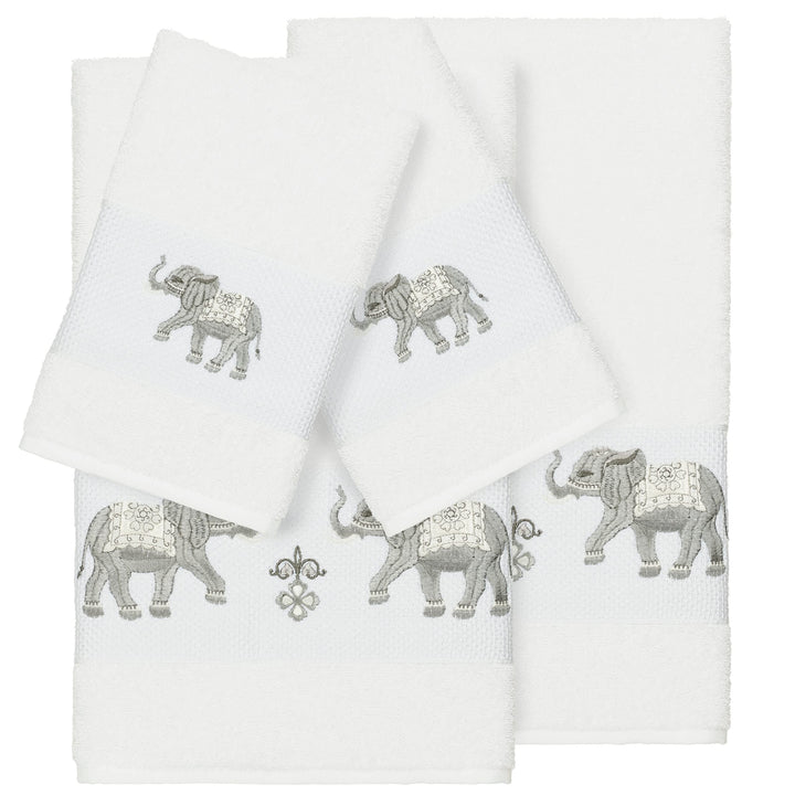Authentic Hotel and Spa Turkish Cotton Elephants Embroidered White 4-Piece Towel
