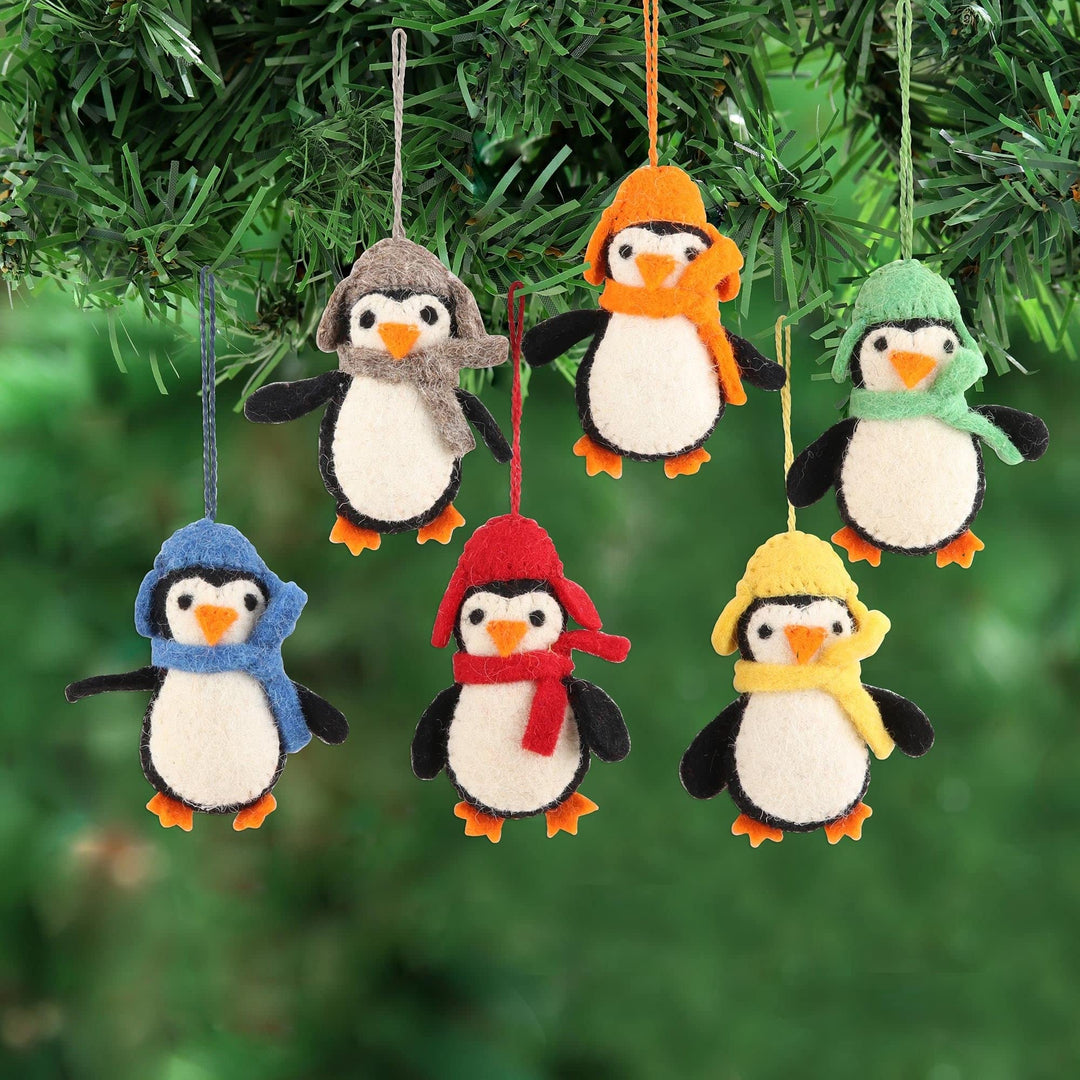 Handmade Cozy Penguins Wool Felt Ornaments (Set of 6) Multi Color - Diamond Home USA