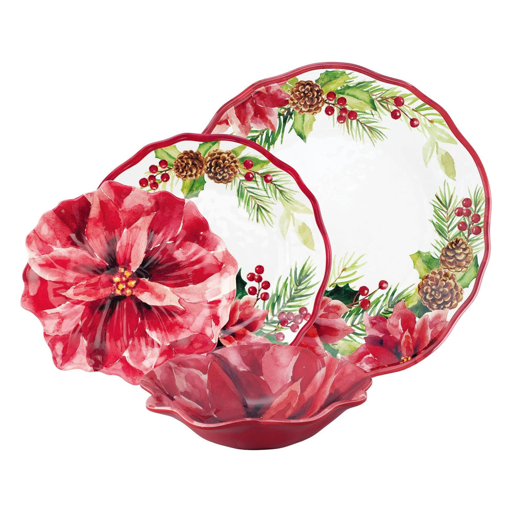 16-piece Poinsettias Dinnerware Set Red Holiday Casual Round 16 Piece Dishwasher - Diamond Home USA