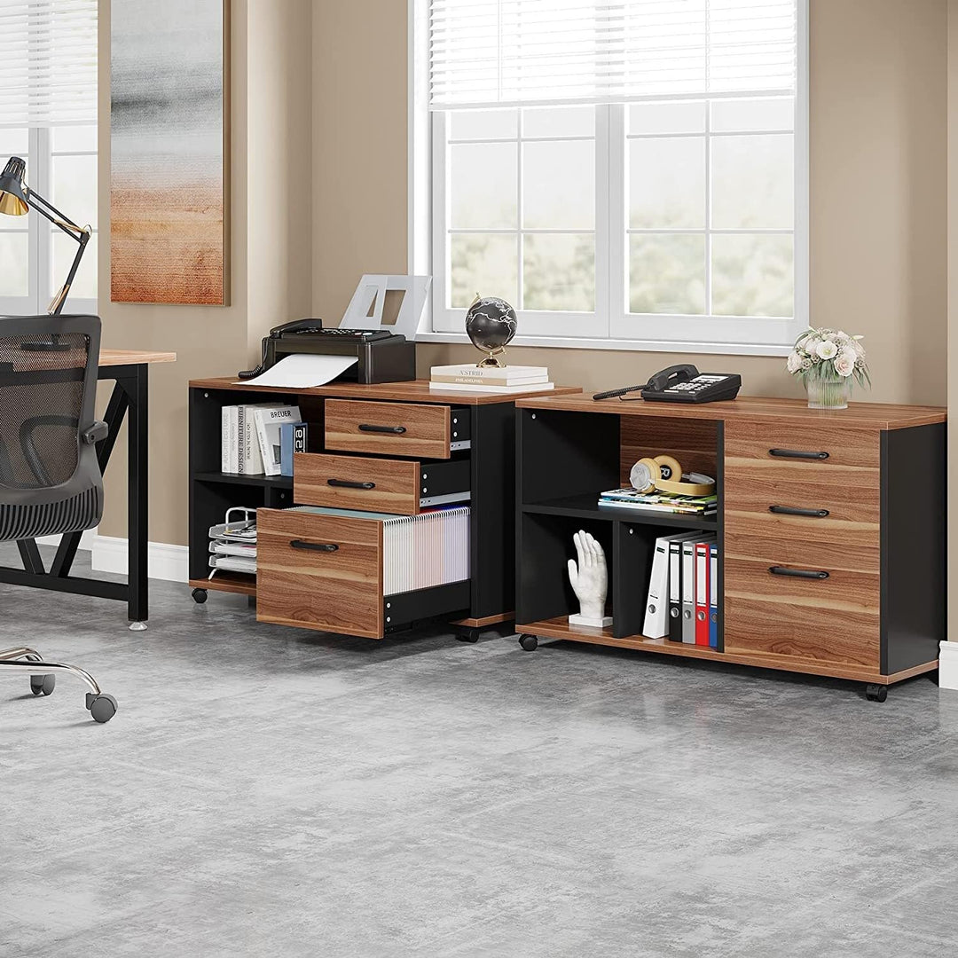 3 Drawer Wood Filing Cabinet with Wheels for A4 Letter Size Brown Mid-Century - Diamond Home USA
