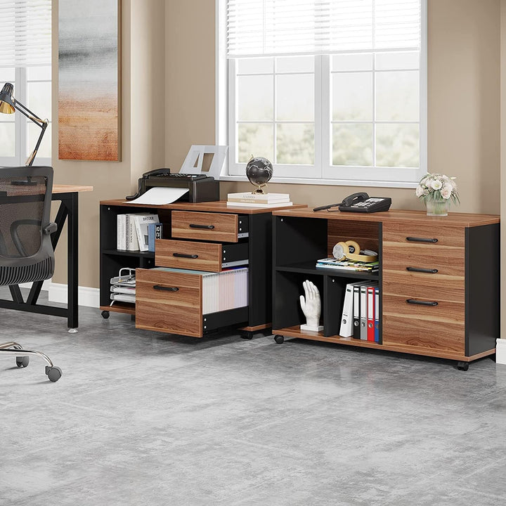 3 Drawer Wood Filing Cabinet with Wheels for A4 Letter Size Brown Mid-Century - Diamond Home USA