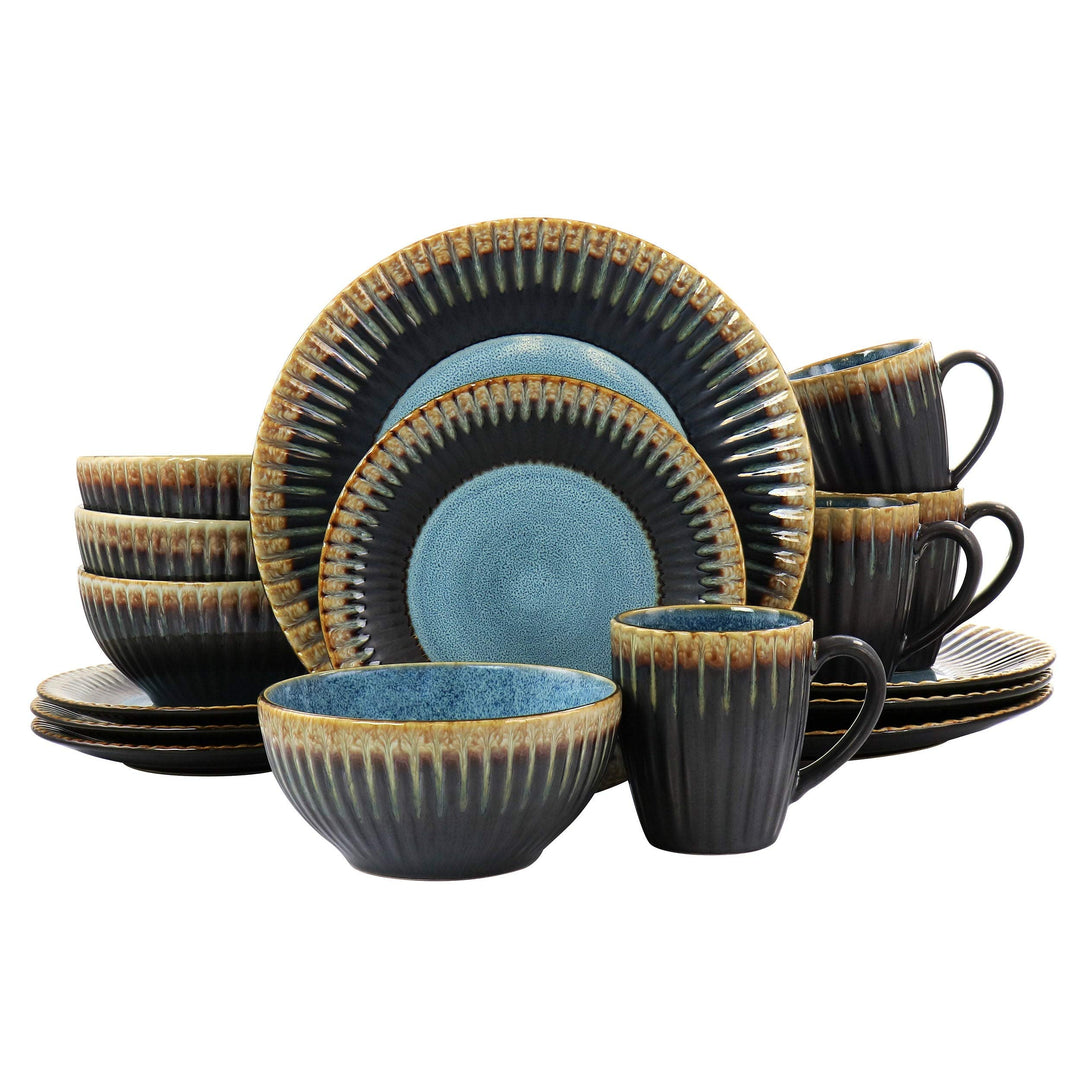 16 Piece Round Stoneware Dinnerware Set In Multi Color Blue Solid Casual