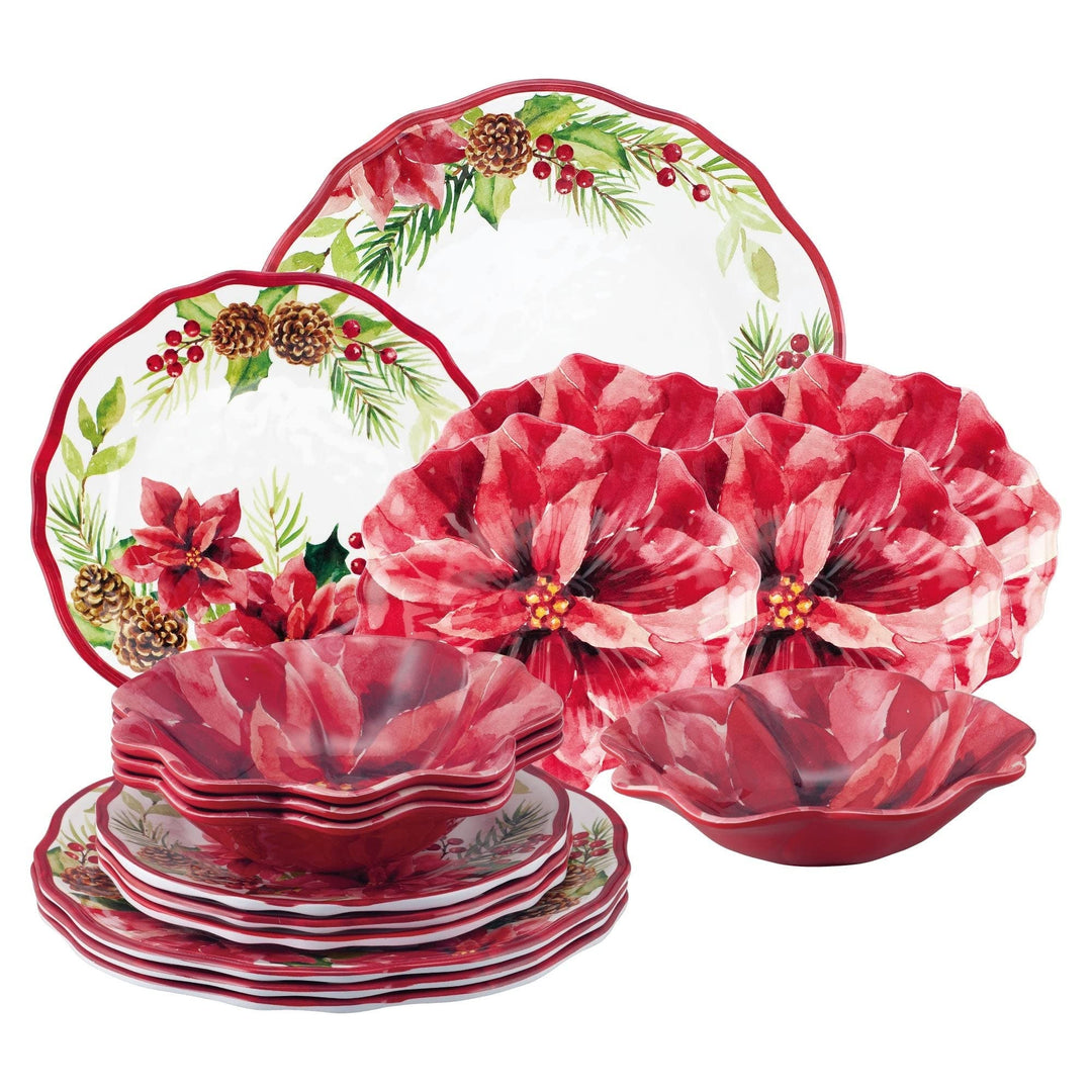 16-piece Poinsettias Dinnerware Set Red Holiday Casual Round 16 Piece Dishwasher