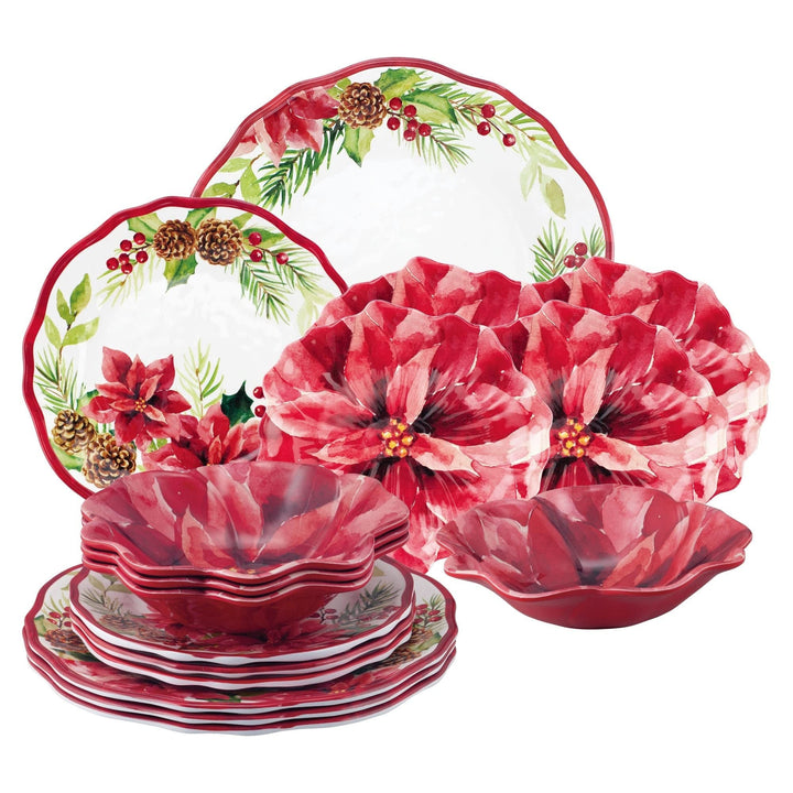 16-piece Poinsettias Dinnerware Set Red Holiday Casual Round 16 Piece Dishwasher