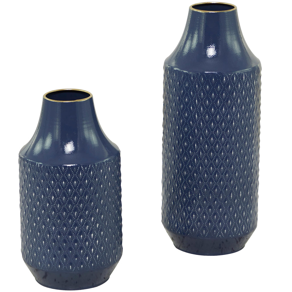 Blue Metal Diamond Embossed Exterior Vase 6.20w X 6.15l 15.65h Modern - Diamond Home USA