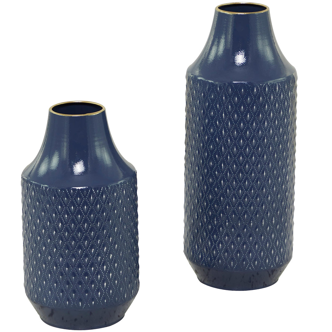 Blue Metal Diamond Embossed Exterior Vase 6.20w X 6.15l 15.65h Modern - Diamond Home USA