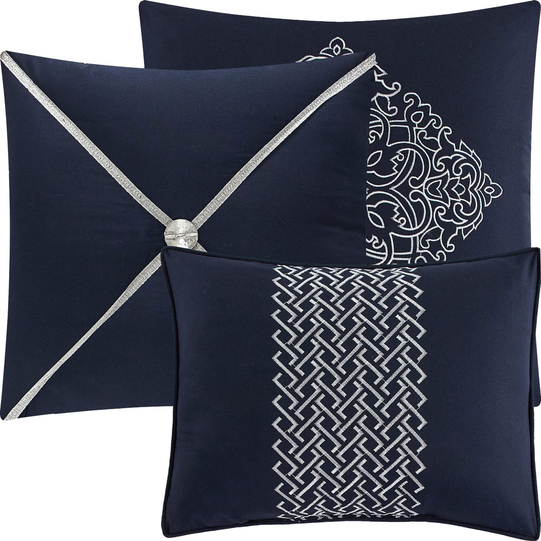 Stratford Park Damask 7 Piece Comforter Set Navy/Blue Queen Patchwork Decorative - Diamond Home USA
