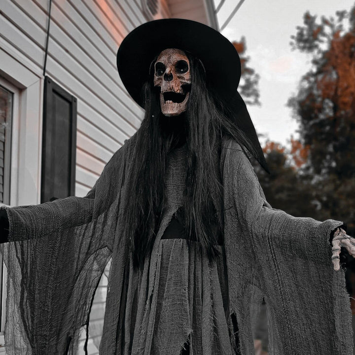 Haunted Hill Farm 7.5-Ft. Tall Macabre Skeleton Witch Motion-Activated Talking - Diamond Home USA