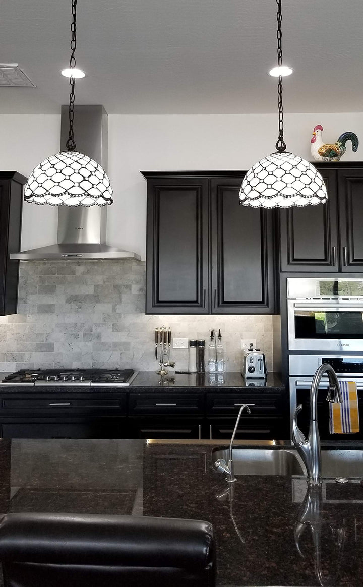 Tiffany Style Hanging Pendant Lamp Ceiling 12" Wide Stained Glass White Clear/White - Diamond Home USA