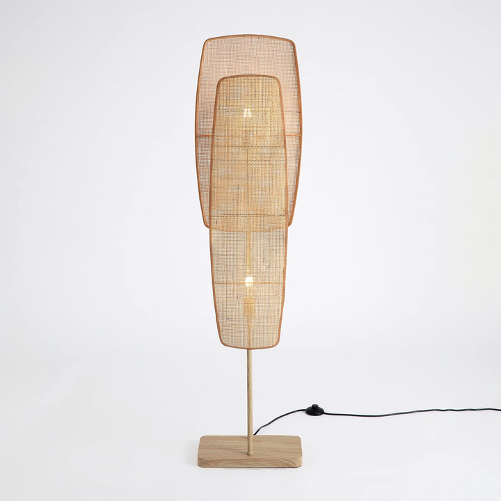 Floor Lamp 2-Light with Bamboo Wicker Panels Wood Finish Beige Bohemian Eclectic