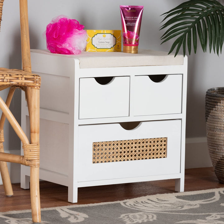 Modern and Contemporary Light Beige Fabric White Finished Wood 3-Drawer