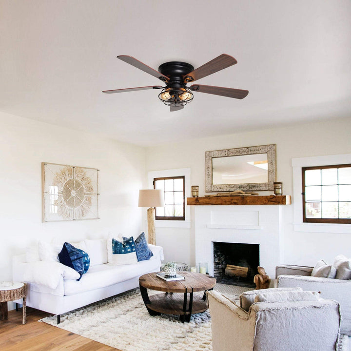 48" Low Profile Metal 5-blade Ceiling Fan with Remote Black Rustic Wood Blades - Diamond Home USA