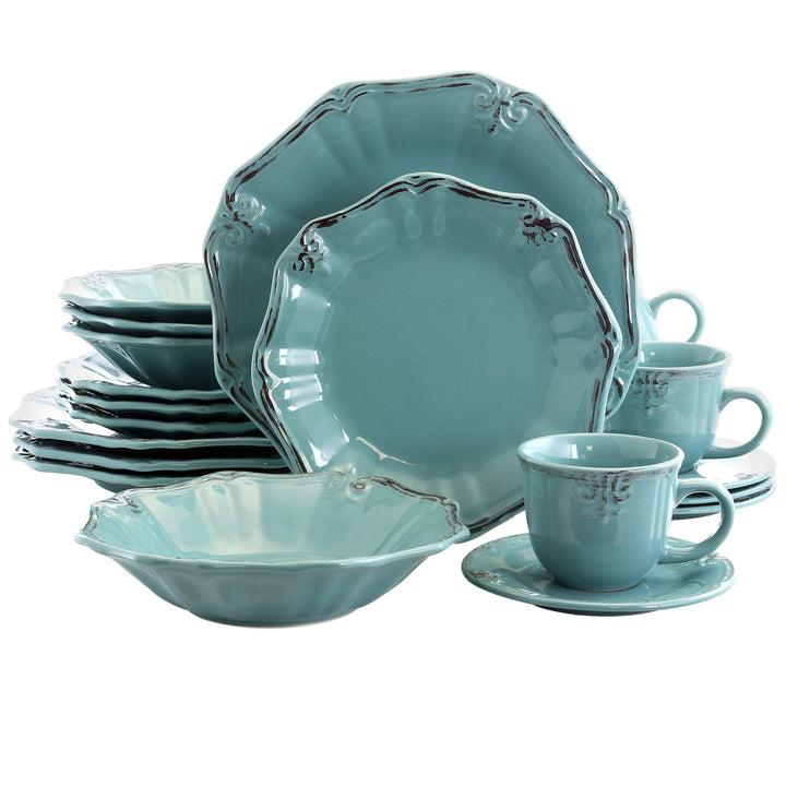 Beveled Edge 20 Piece Dinnerware Set In Turquoise Blue Textured Casual Round - Diamond Home USA