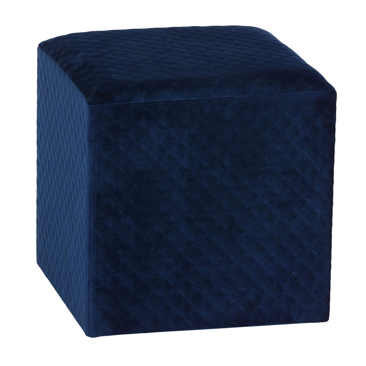 Cube Ottoman in Navy Blue Velvet Modern Contemporary Solid Square Wood