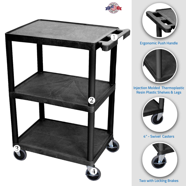 Luxor Multipurpose Storage Utility Cart 3 Shelves Structural Foam Plastic - - Diamond Home USA