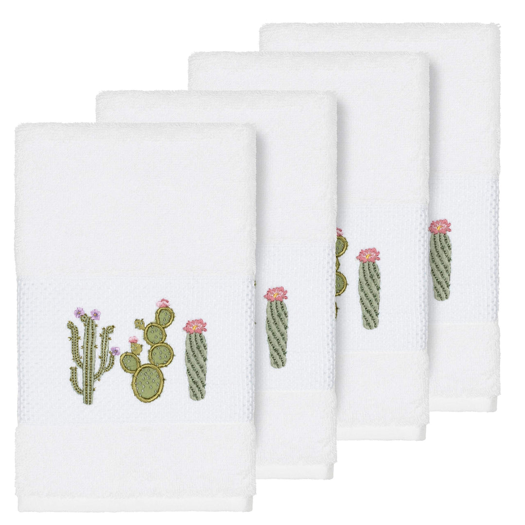 Turkish Cotton Cactus Embroidered White 4-Piece Hand Towel Set Terry Cloth