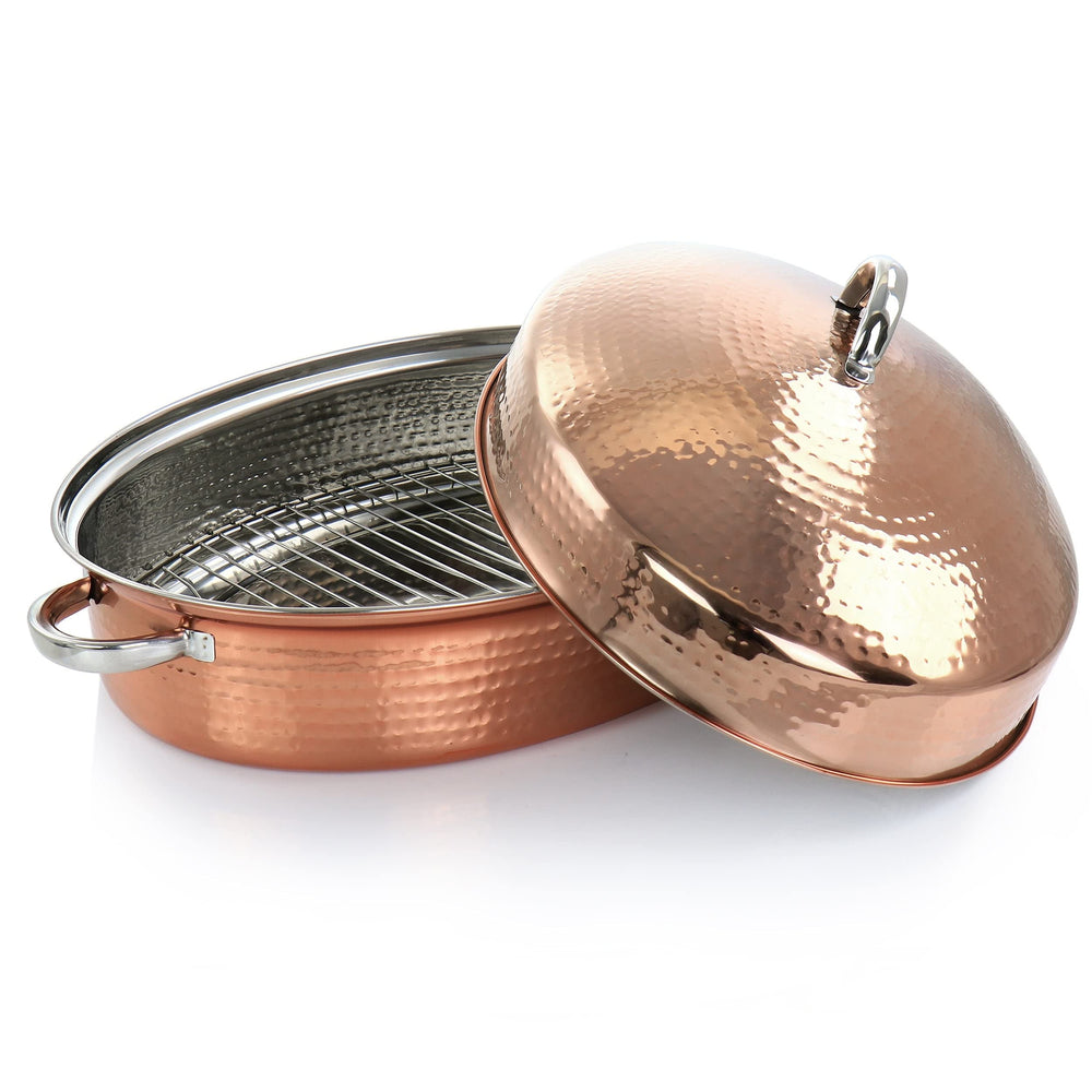 17.5 Inch Stainless Steel Copper Plated Oval Roaster With Lid And Roasting Rack - Diamond Home USA