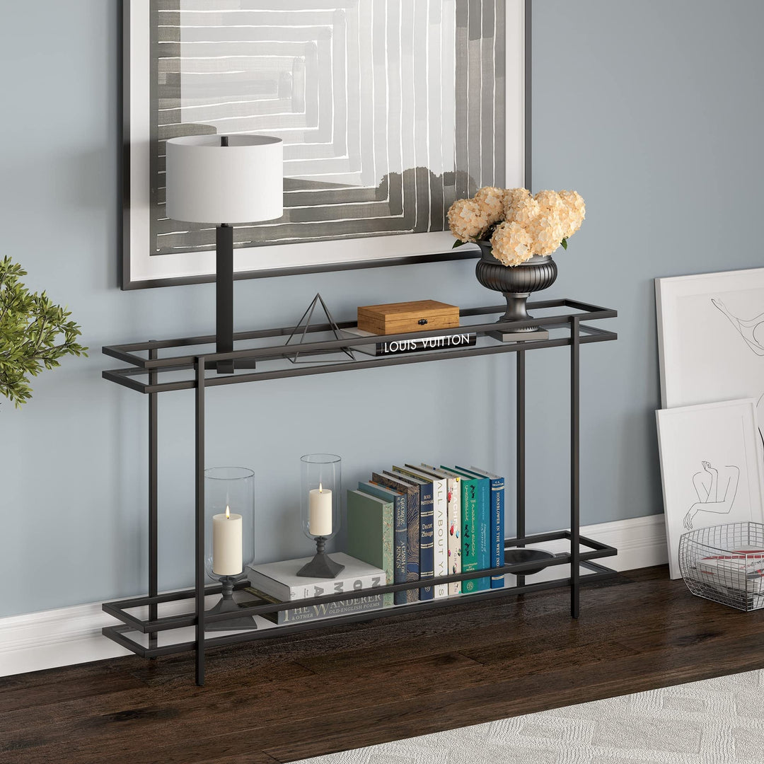 Console Table Black Modern Contemporary Rectangular Metal Painted Shelf Storage Blackened Bronze