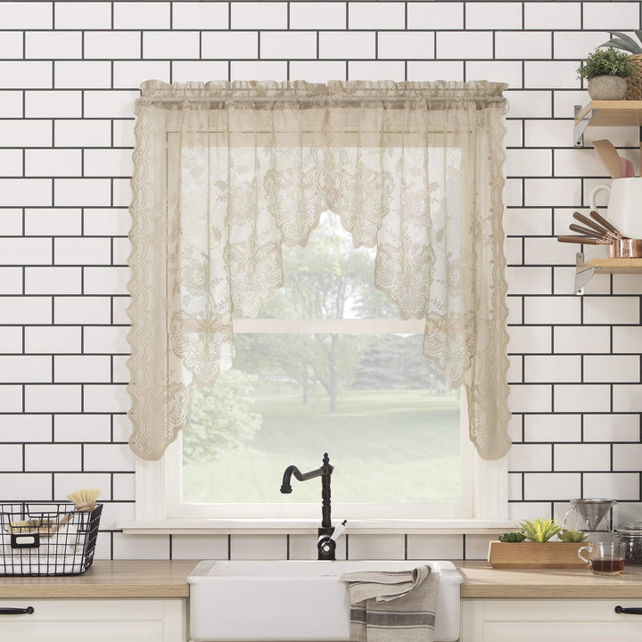 No. 918 Alison-Tr Floral Lace Sheer Rod Pocket Kitchen Curtain Swag Pair 58" x 58x38 - Stone