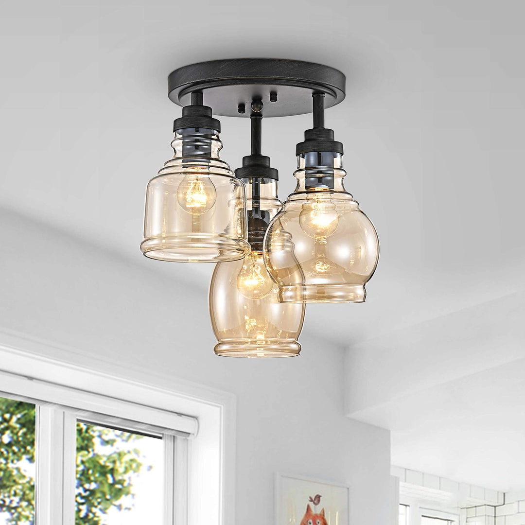 3-Light Antique Black Flush Mount with Cognac Glass Shade - Modern