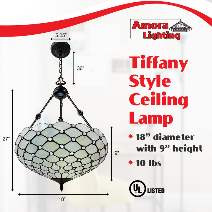 Amora Vintage Tiffany Style Ceiling Lamp - 18” x 9” White Jeweled Stained - Diamond Home USA