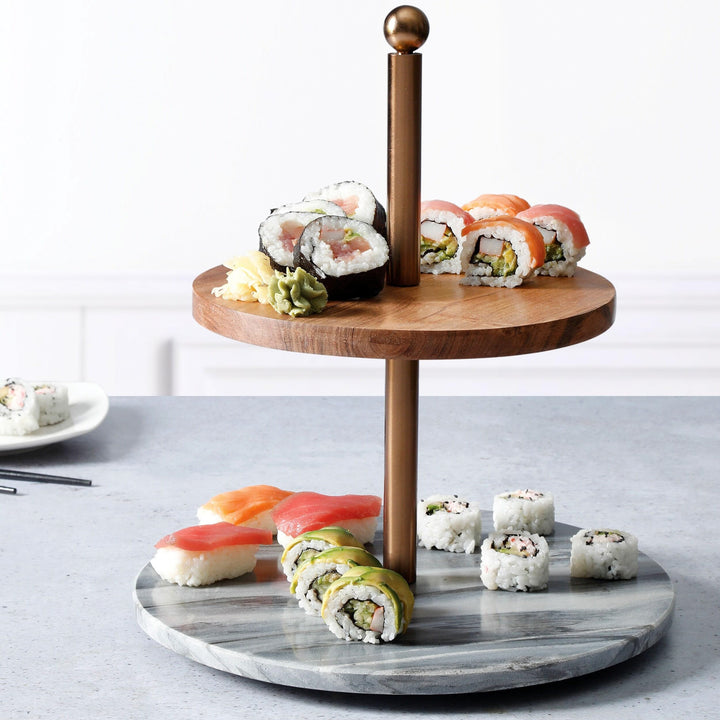 Gates California Designs Marble and Acacia Wood 2 Tier Server Grey Round - Diamond Home USA