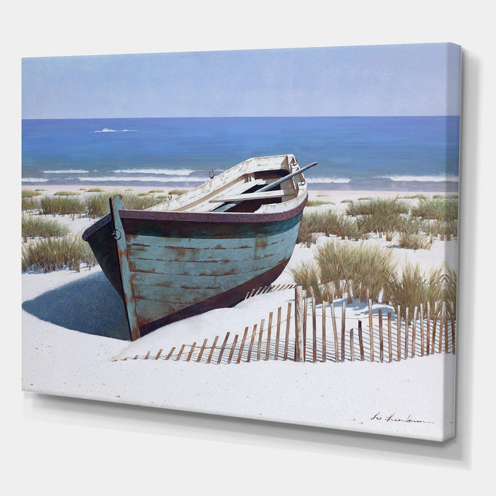 DESIGN ART Designart "Blue Boat on Beach" Nautical & Coastal Canvas Artwork 40 in. wide x 30 in. high - Diamond Home USA