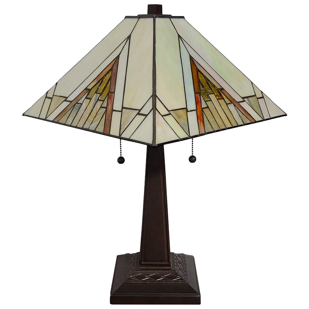 Tiffany Style Table Lamp Banker Mission 23" Tall Stained Glass Tan Brown Vintage - Diamond Home USA