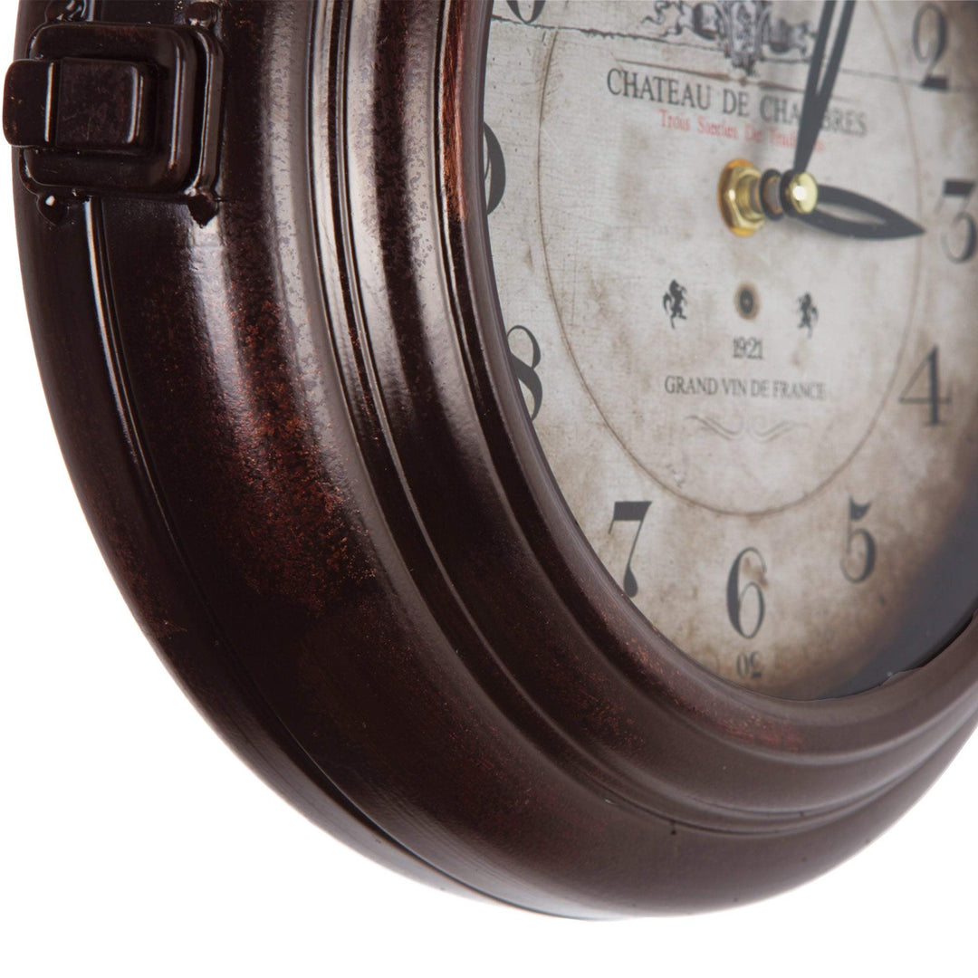 Double Sided Iron Wall Clock Black White Traditional Round Metal Wood Walnut - Diamond Home USA