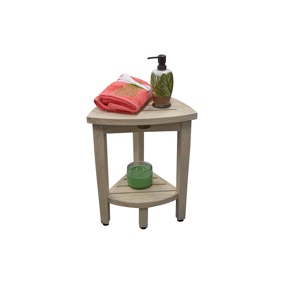 Compact Solid Teak Corner Shower Shaving Bench- Coastal Driftwood Finish Cream - Diamond Home USA