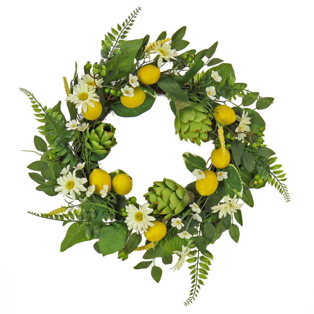 22" Daisy Artichoke and Lemon Wreath Green Traditional Polyester Unlit