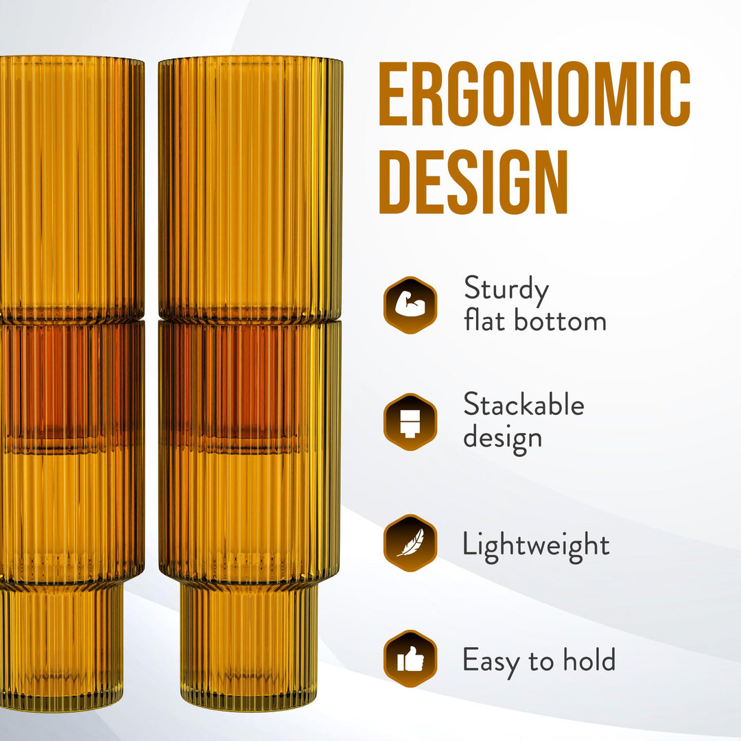 American Atelier Vintage Art Deco Fluted Drinking Glasses|Ribbed Glassware for 11 oz. - Amber - Diamond Home USA